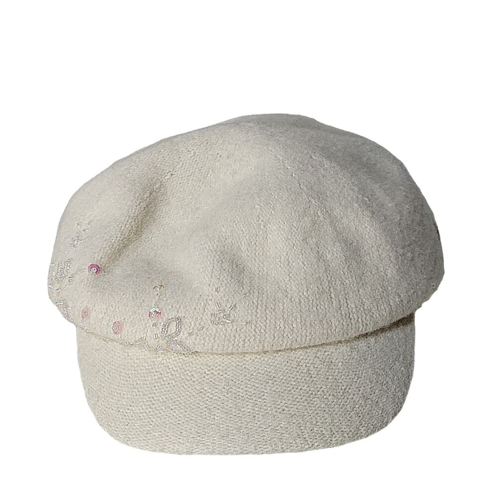 Nine & Co. Ivory Wool Blend Newsboy Cap with Floral Sequin Detail